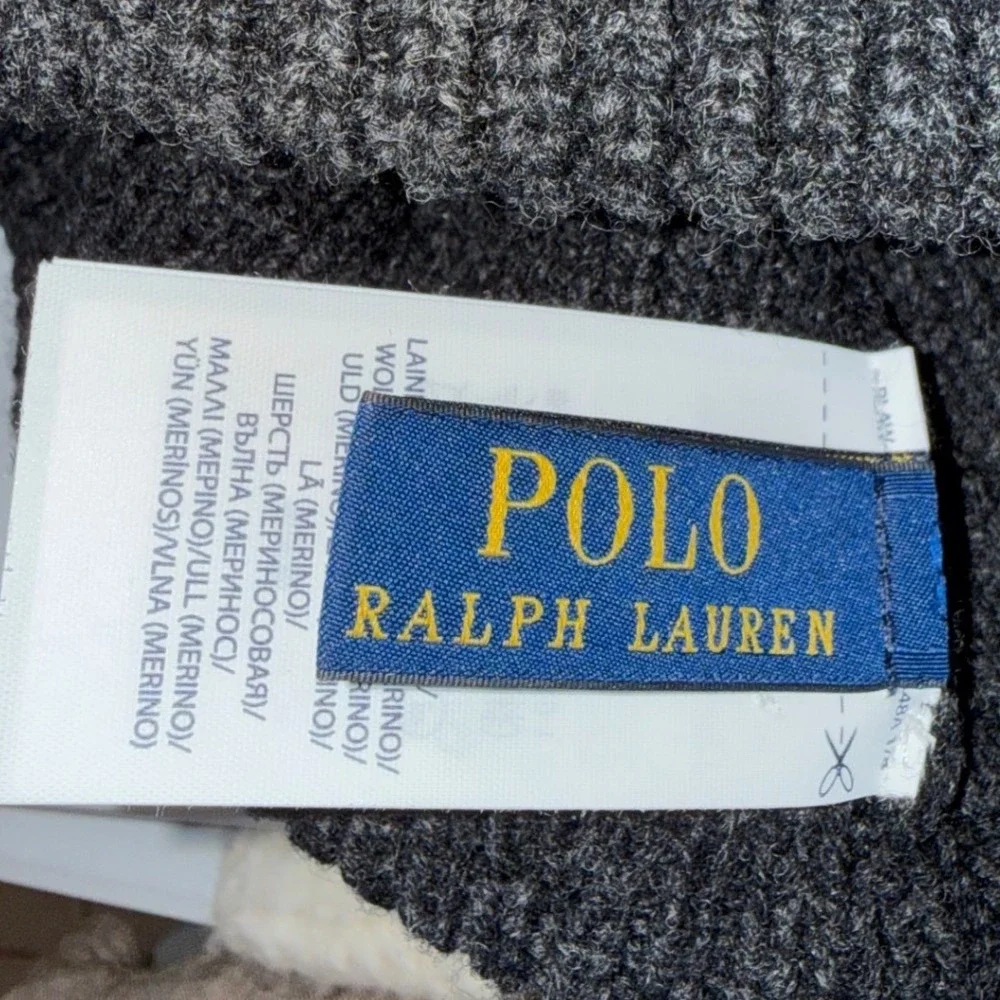 Polo Ralph Lauren Charcoal Grey 100% Merino Wool Ribbed‎ Knit Beanie Hat OS